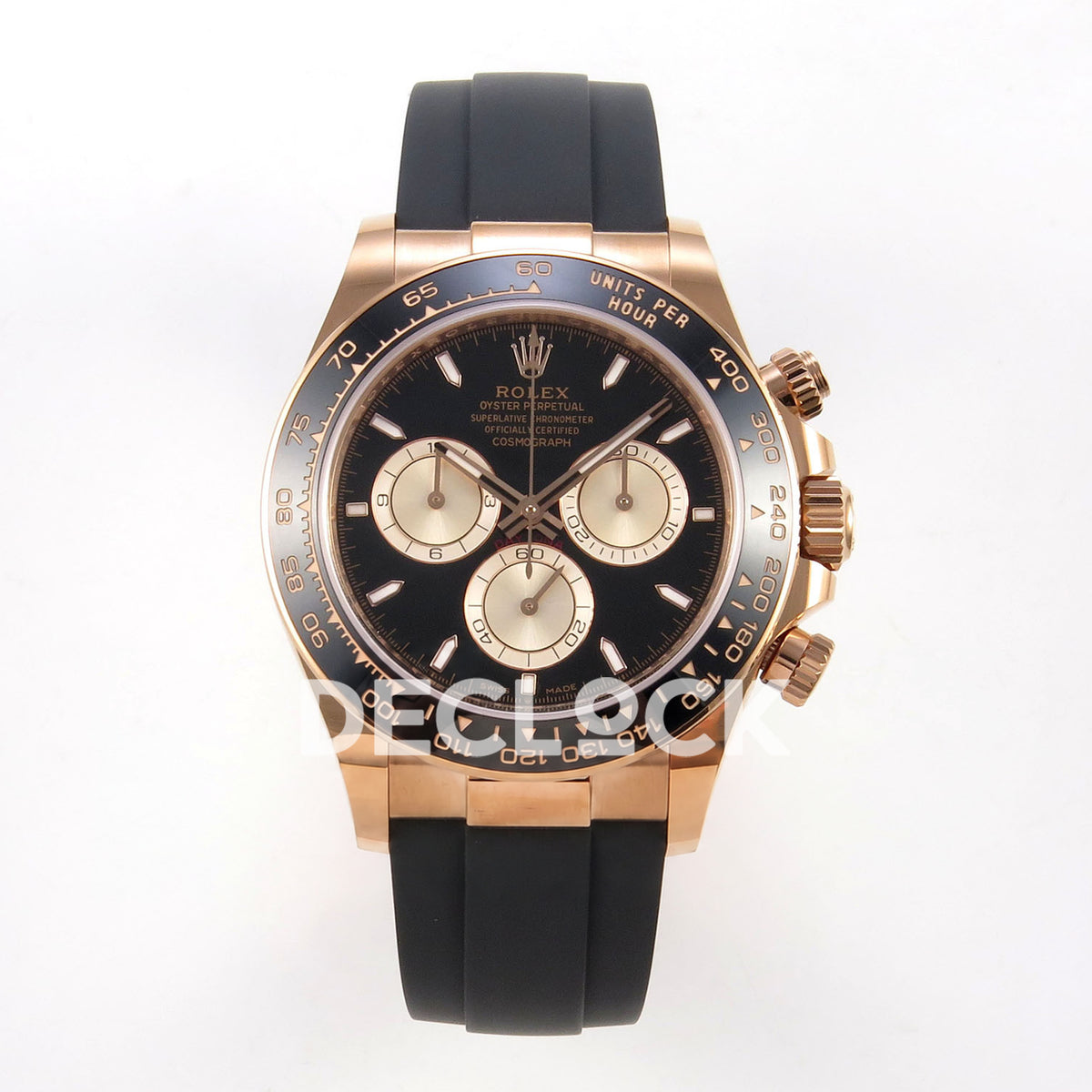 Rolex Daytona 126515 WF JH4131 black rose-gold replica - front view of black dial, rose-gold-finish case and Oysterflex strap