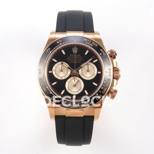 Rolex Daytona 126515 WF JH4131 black rose-gold replica - front view of black dial, rose-gold-finish case and Oysterflex strap