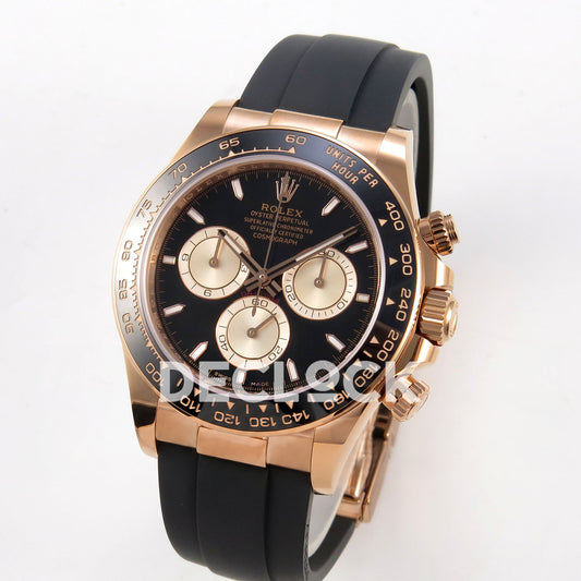 Rolex Daytona 126515 WF JH4131 black rose-gold replica - angled front view of rose-gold-finish case and Oysterflex strap