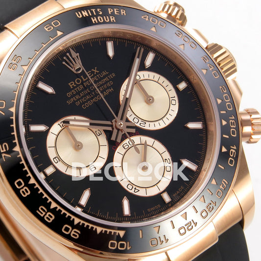 Rolex Daytona 126515 WF JH4131 black rose-gold replica - angled black dial and rose-gold-tone subdials close-up