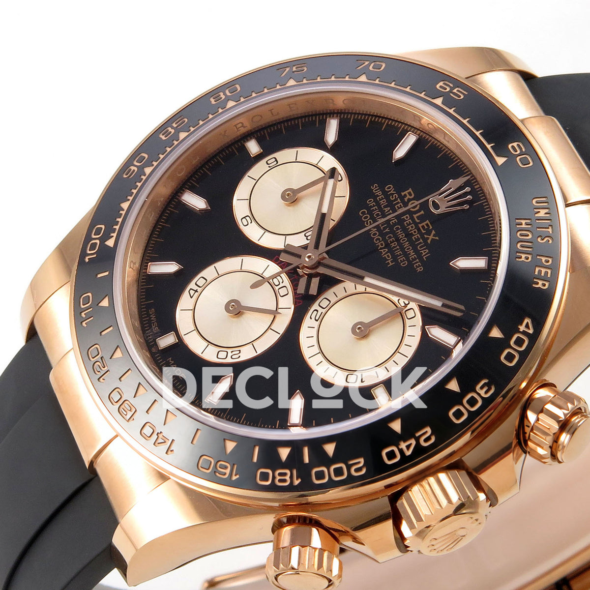 Rolex Daytona 126515 WF JH4131 black rose-gold replica - horizontal angled dial, hands and black ceramic tachymeter bezel