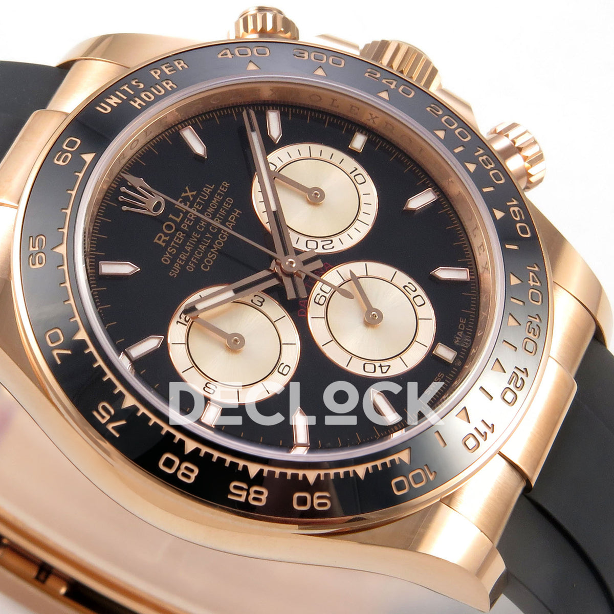 Rolex Daytona 126515 WF JH4131 black rose-gold replica - opposite angled dial and rose-gold-finish case close-up
