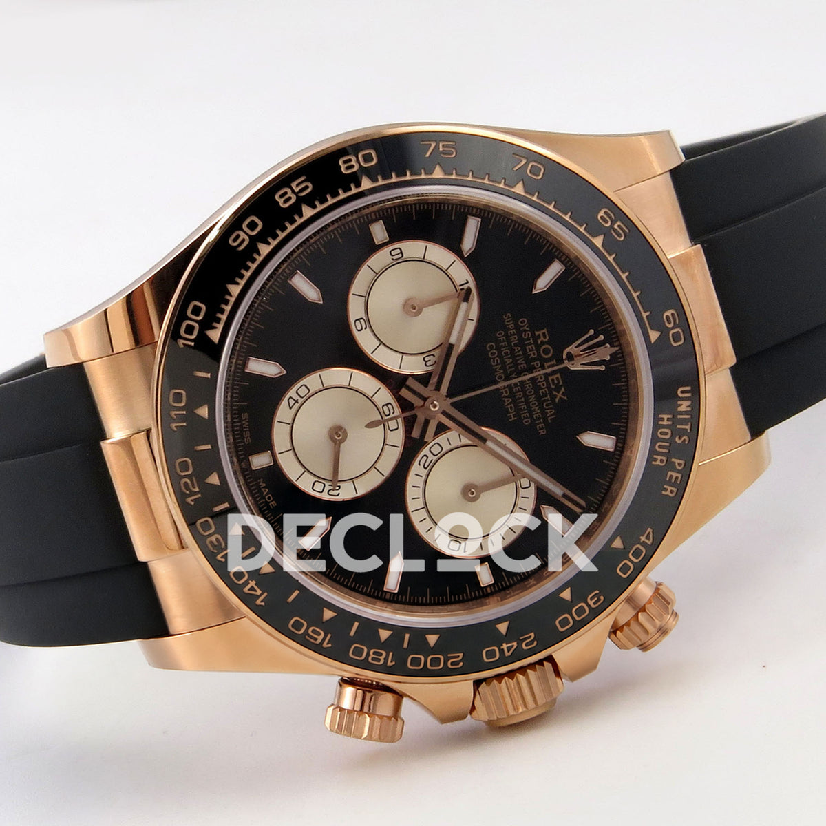 Rolex Daytona 126515 WF JH4131 black rose-gold replica - horizontal front view with black Oysterflex rubber strap