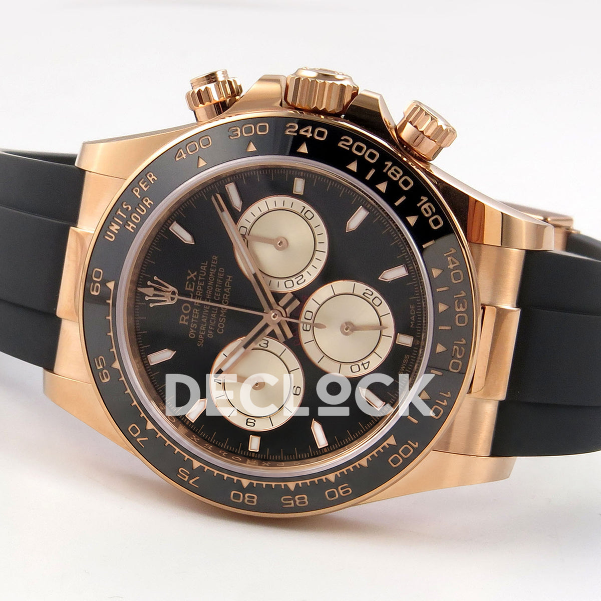 Rolex Daytona 126515 WF JH4131 black rose-gold replica - opposite horizontal front view with Oysterflex strap