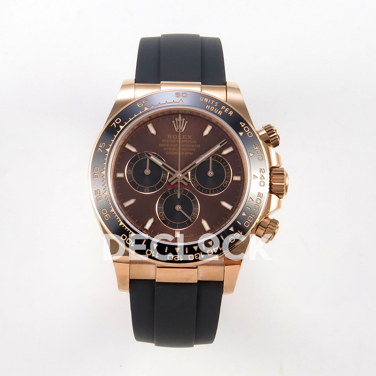Rolex Daytona 126515 WF JH4131 brown dial rose-gold replica - front view of brown dial, black subdials and Oysterflex strap