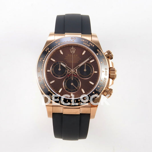 Rolex Daytona 126515 WF JH4131 brown dial rose-gold replica - front view of brown dial, black subdials and Oysterflex strap