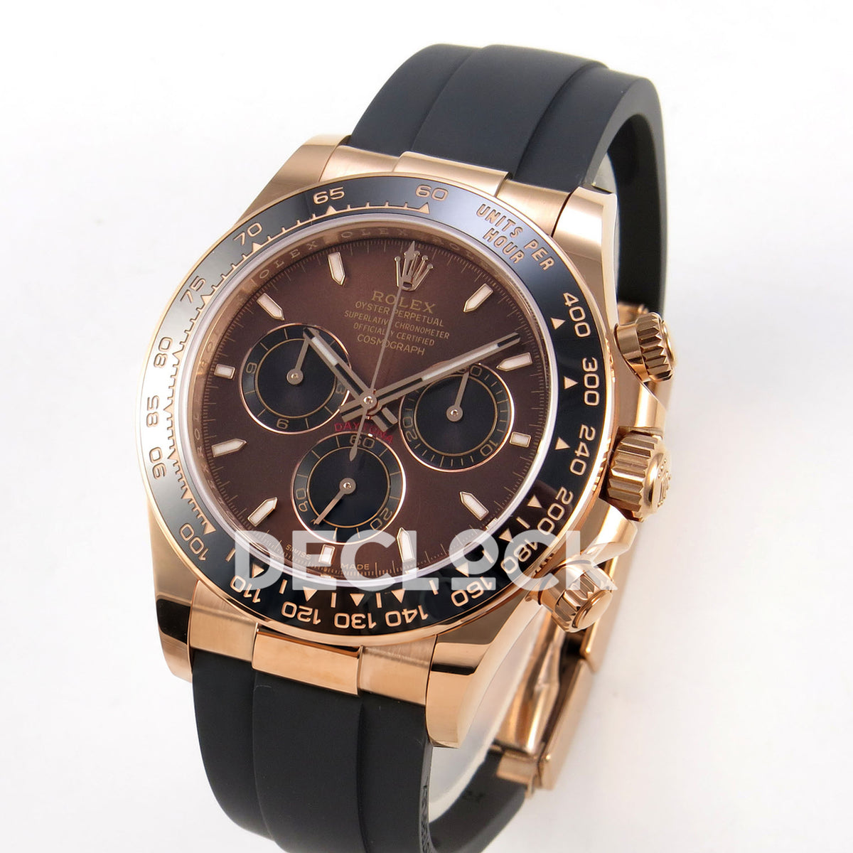 Rolex Daytona 126515 WF JH4131 brown dial rose-gold replica - angled front view of rose-gold-finish case and Oysterflex strap
