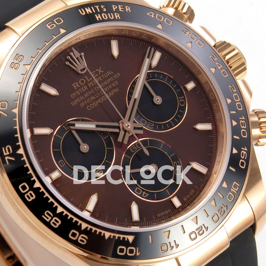 Rolex Daytona 126515 WF JH4131 brown dial rose-gold replica - angled brown dial and black subdials close-up