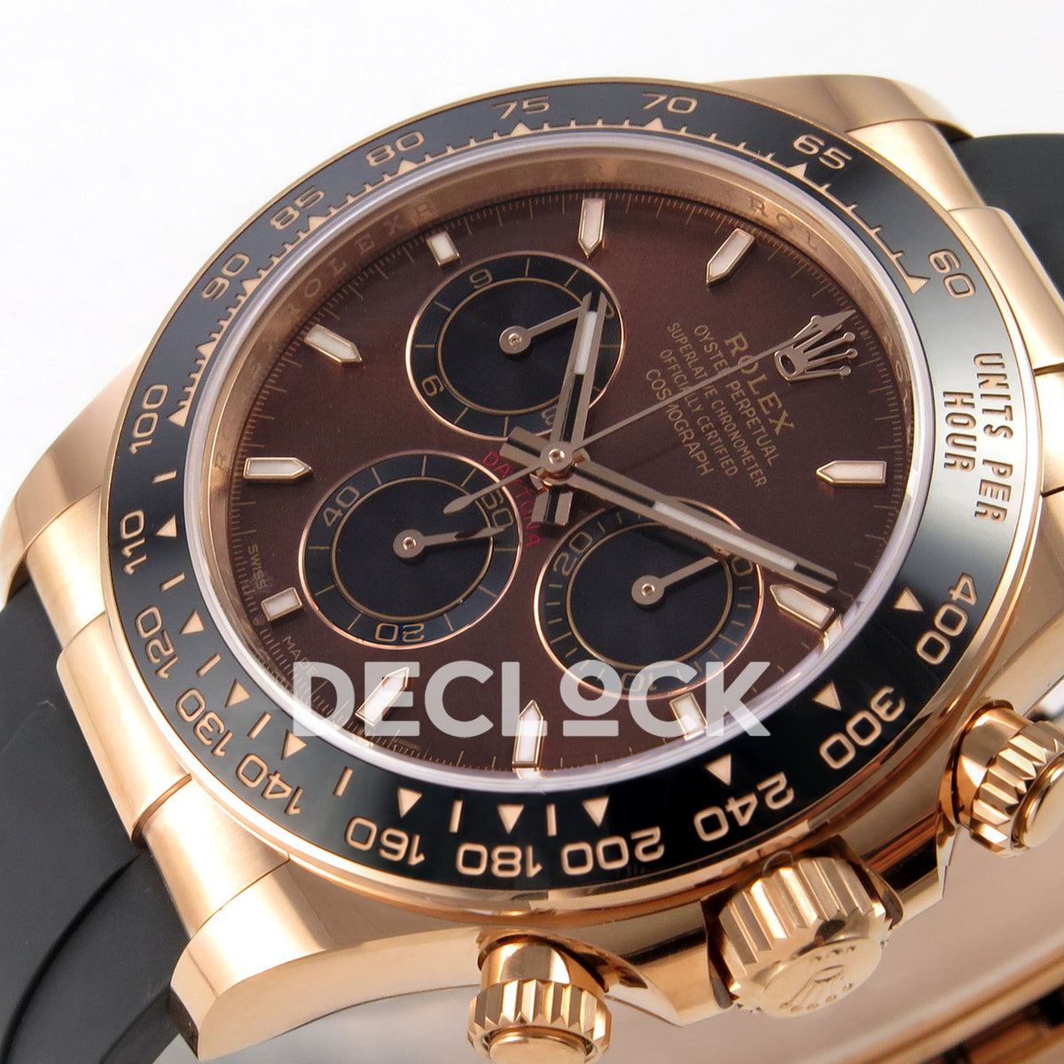 Rolex Daytona 126515 WF JH4131 brown dial rose-gold replica - horizontal angled brown dial, hands and black ceramic tachymeter bezel