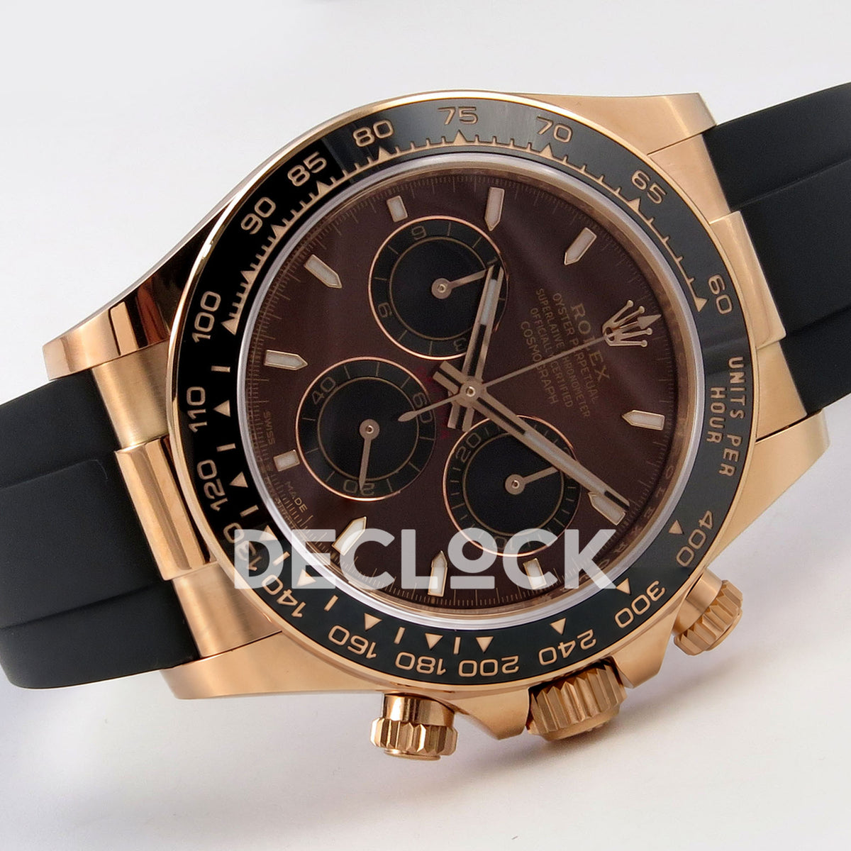 Rolex Daytona 126515 WF JH4131 brown dial rose-gold replica - horizontal front view with black Oysterflex rubber strap