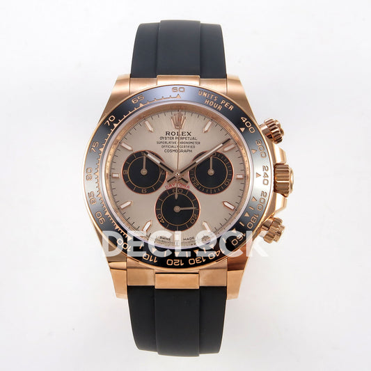 Rolex Daytona 126515 WF JH4131 rose-gold dial black subdial replica - front view of rose-gold-tone dial, black subdials and Oysterflex strap