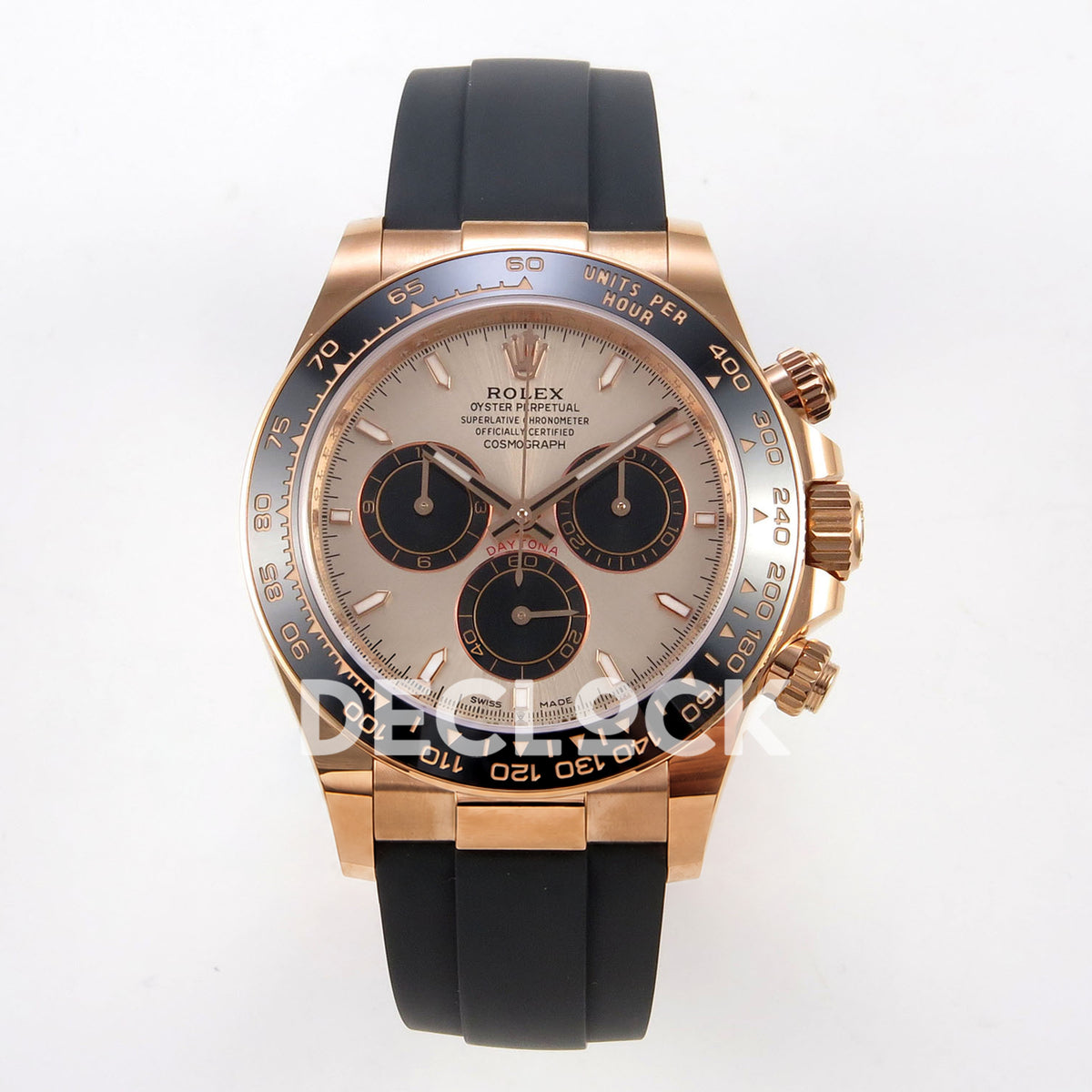 Rolex Daytona 126515 WF JH4131 rose-gold dial black subdial replica - front view of rose-gold-tone dial, black subdials and Oysterflex strap