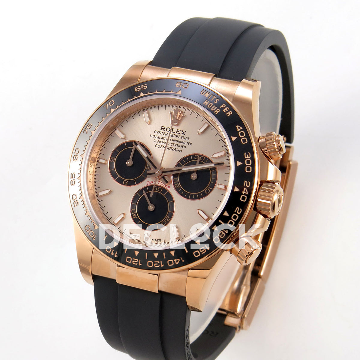 Rolex Daytona 126515 WF JH4131 rose-gold dial black subdial replica - angled front view of rose-gold-finish case and Oysterflex strap