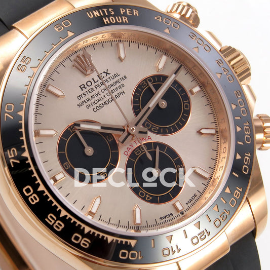 Rolex Daytona 126515 WF JH4131 rose-gold dial black subdial replica - angled rose-gold-tone dial and black subdials close-up