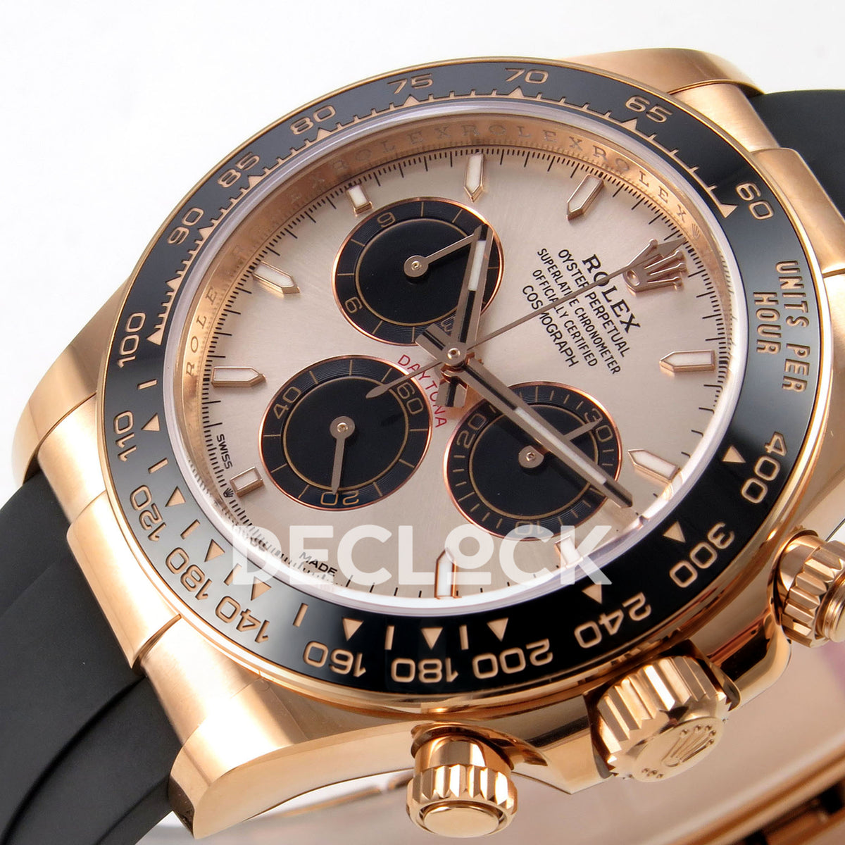Rolex Daytona 126515 WF JH4131 rose-gold dial black subdial replica - horizontal angled rose-gold-tone dial, hands and black ceramic tachymeter bezel