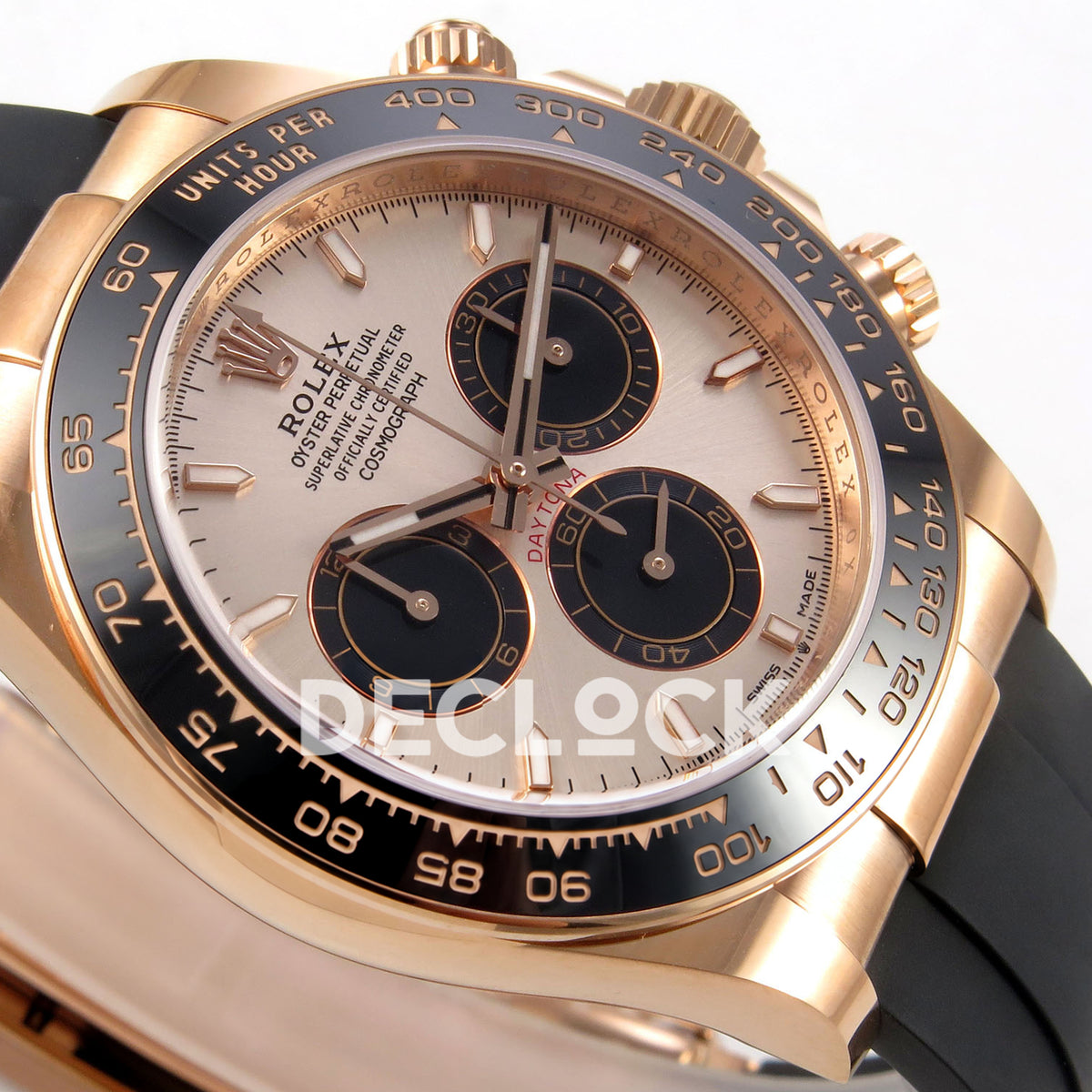 Rolex Daytona 126515 WF JH4131 rose-gold dial black subdial replica - opposite angled dial and rose-gold-finish case close-up