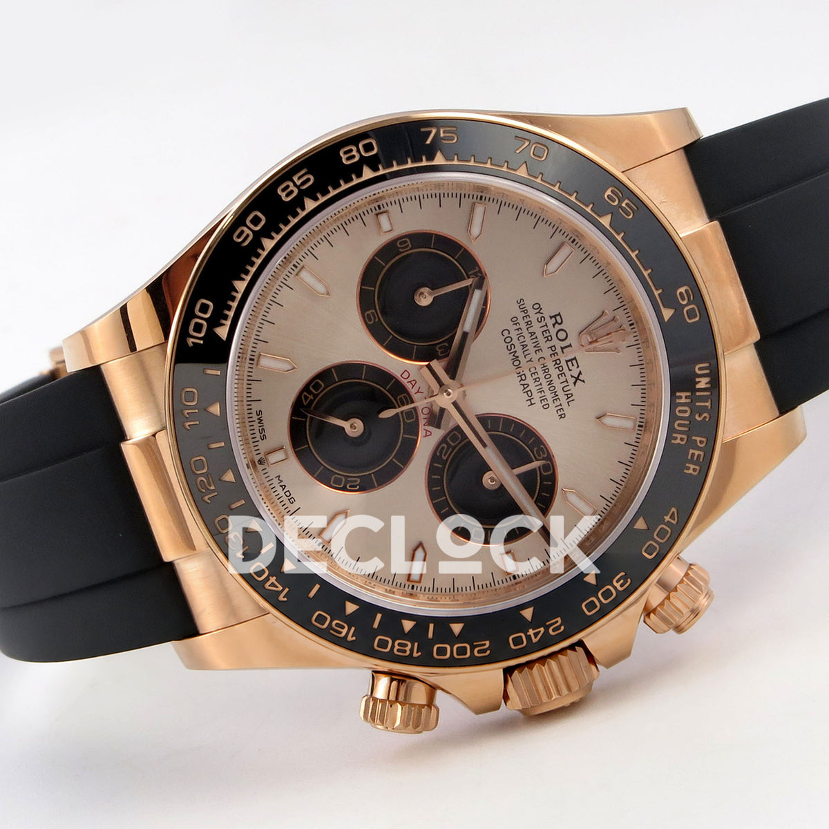 Rolex Daytona 126515 WF JH4131 rose-gold dial black subdial replica - horizontal front view with black Oysterflex rubber strap