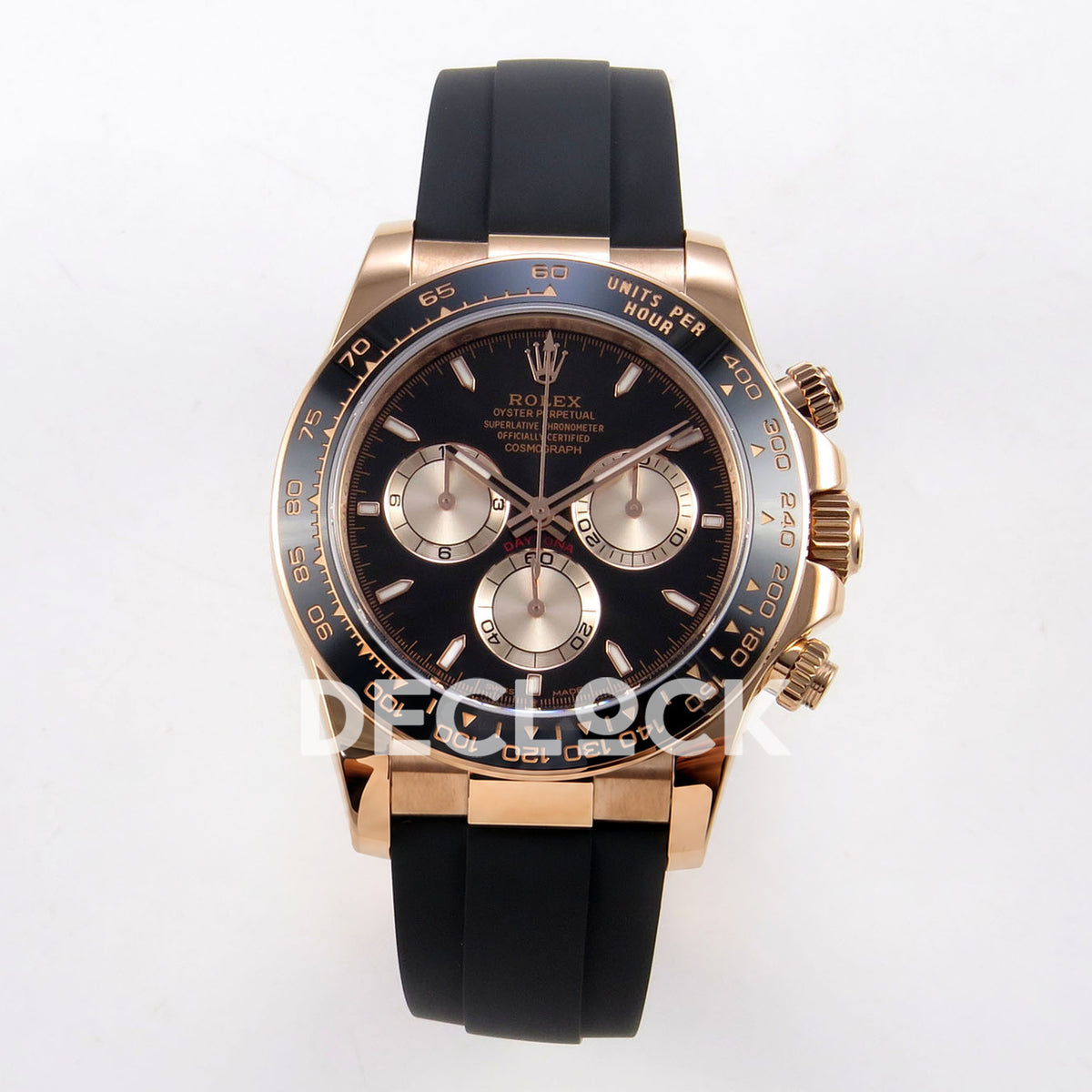 Rolex Daytona 126515 ZF replica - front view of black dial, rose-gold-tone chronograph subdials and black Oysterflex-style strap