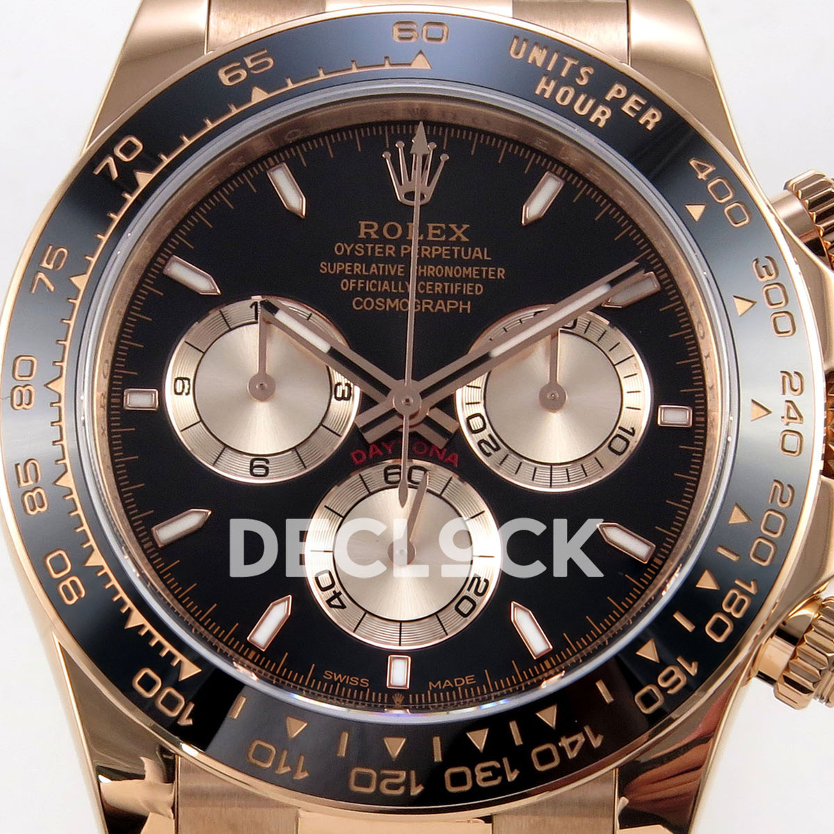 Rolex Daytona 126515 ZF replica - black dial, rose-gold-tone chronograph counters and ceramic tachymeter bezel close-up
