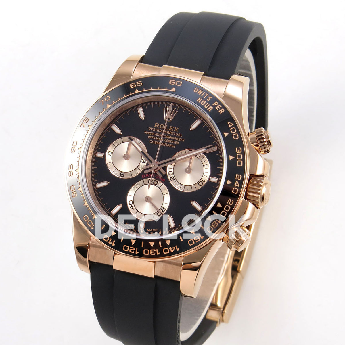 Rolex Daytona 126515 ZF replica - angled front view with rose-gold-finish case and black rubber strap