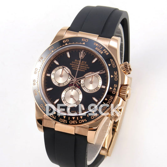 Rolex Daytona 126515 ZF replica - angled front view with rose-gold-finish case and black rubber strap