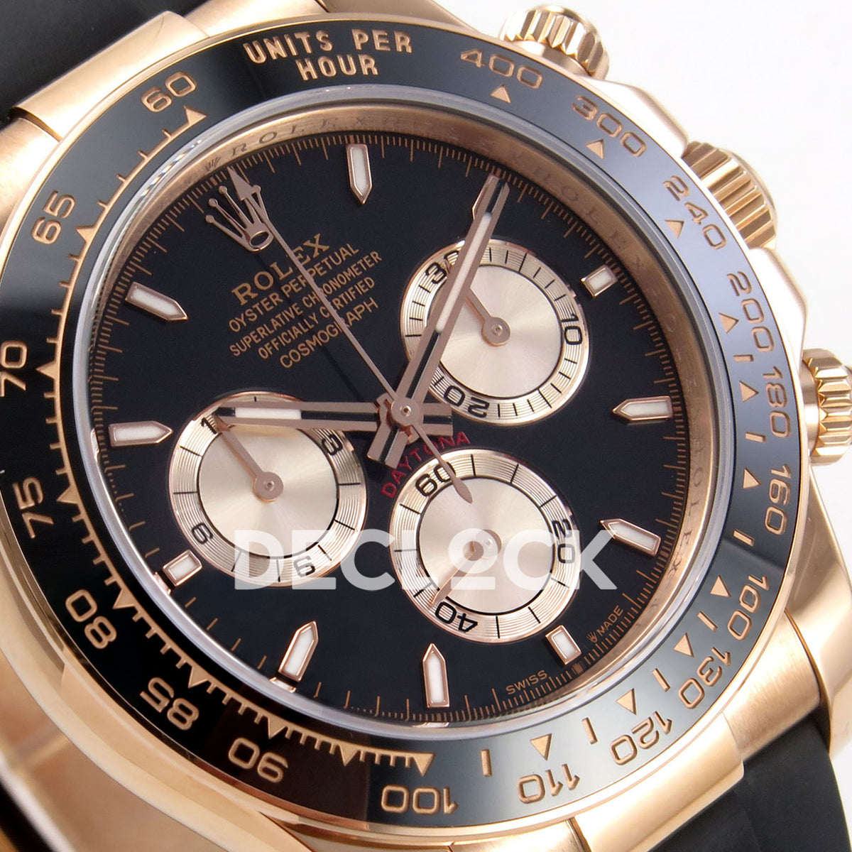 Rolex Daytona 126515 ZF replica - angled black dial and rose-gold-tone chronograph subdials close-up