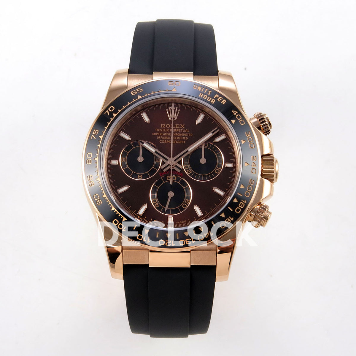 Rolex Daytona 126515 ZF replica - front view of brown dial, black chronograph subdials and black Oysterflex-style strap