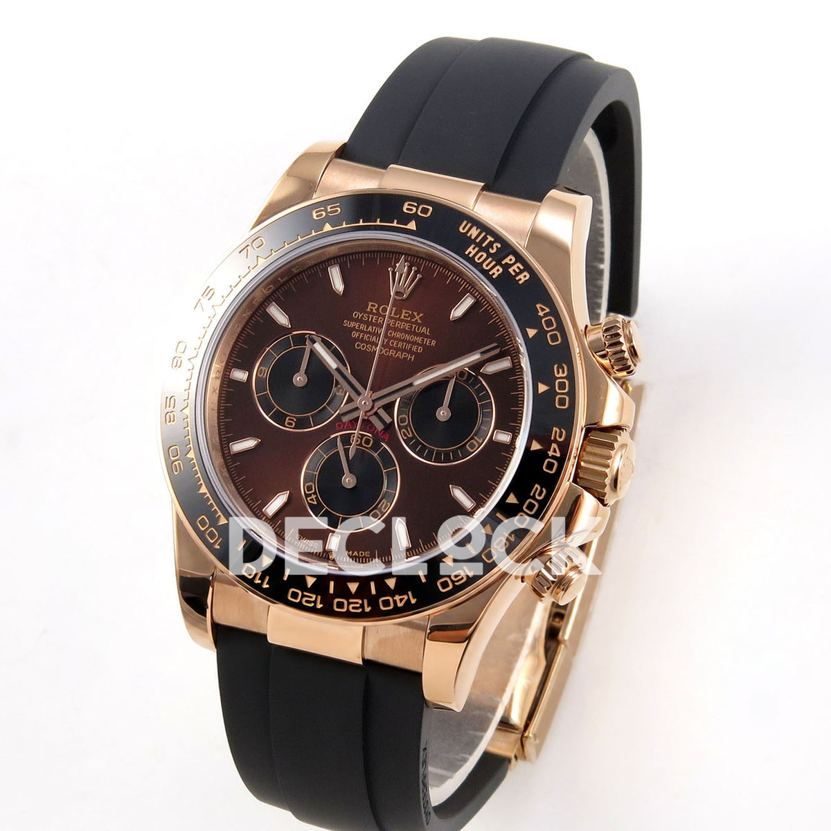 Rolex Daytona 126515 ZF replica - angled front view with rose-gold-finish case and black rubber strap