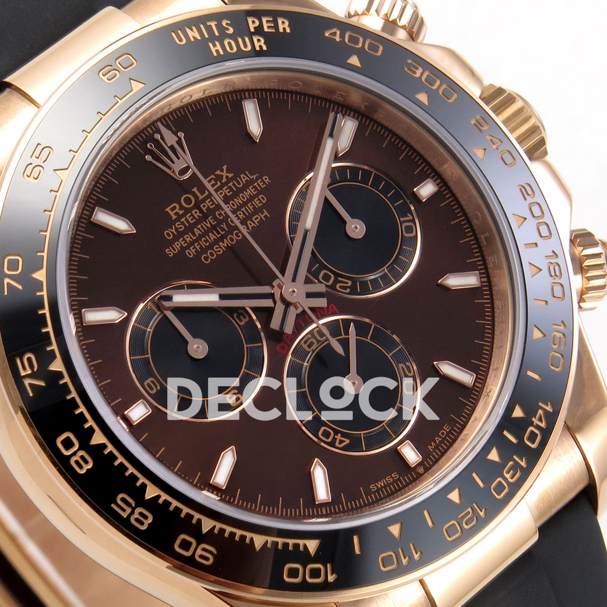 Rolex Daytona 126515 ZF replica - angled brown dial and black chronograph subdials close-up