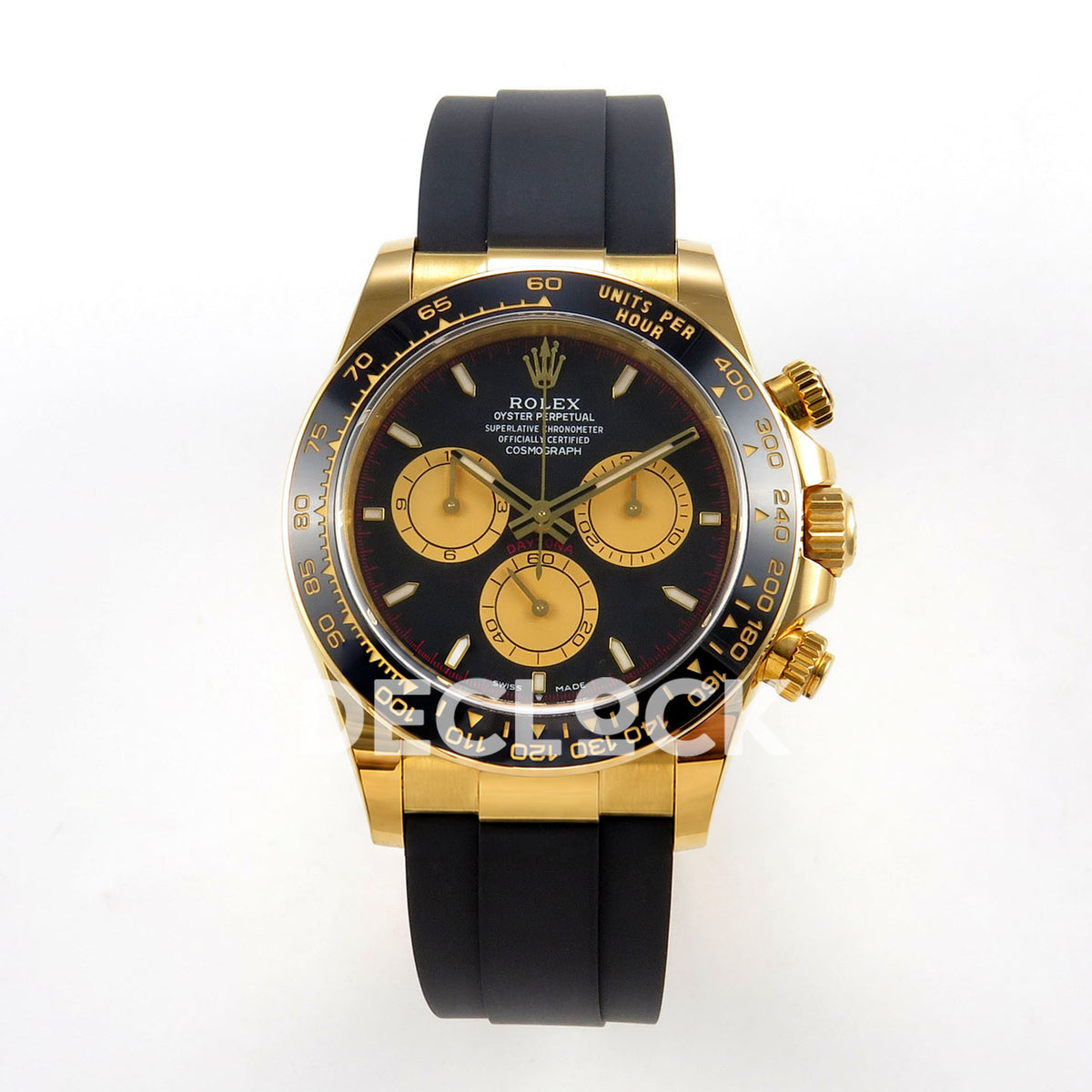 Rolex Daytona 126518 ERF replica - front view of black dial, gold-tone subdials and black Oysterflex-style strap