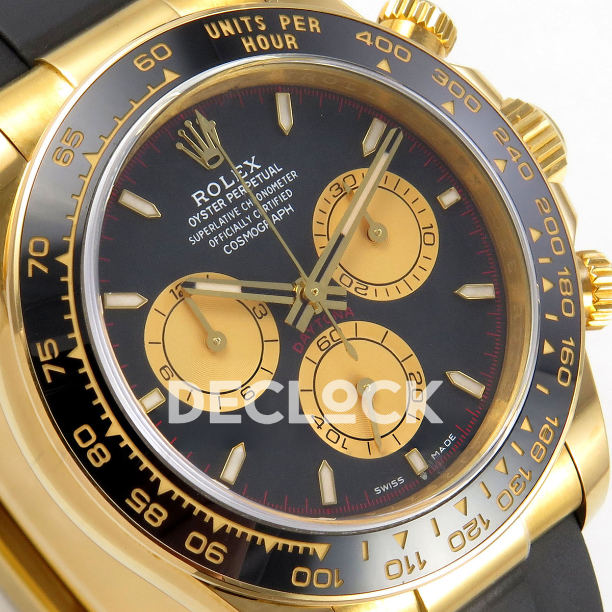 Rolex Daytona 126518 ERF replica - angled black and gold dial close-up