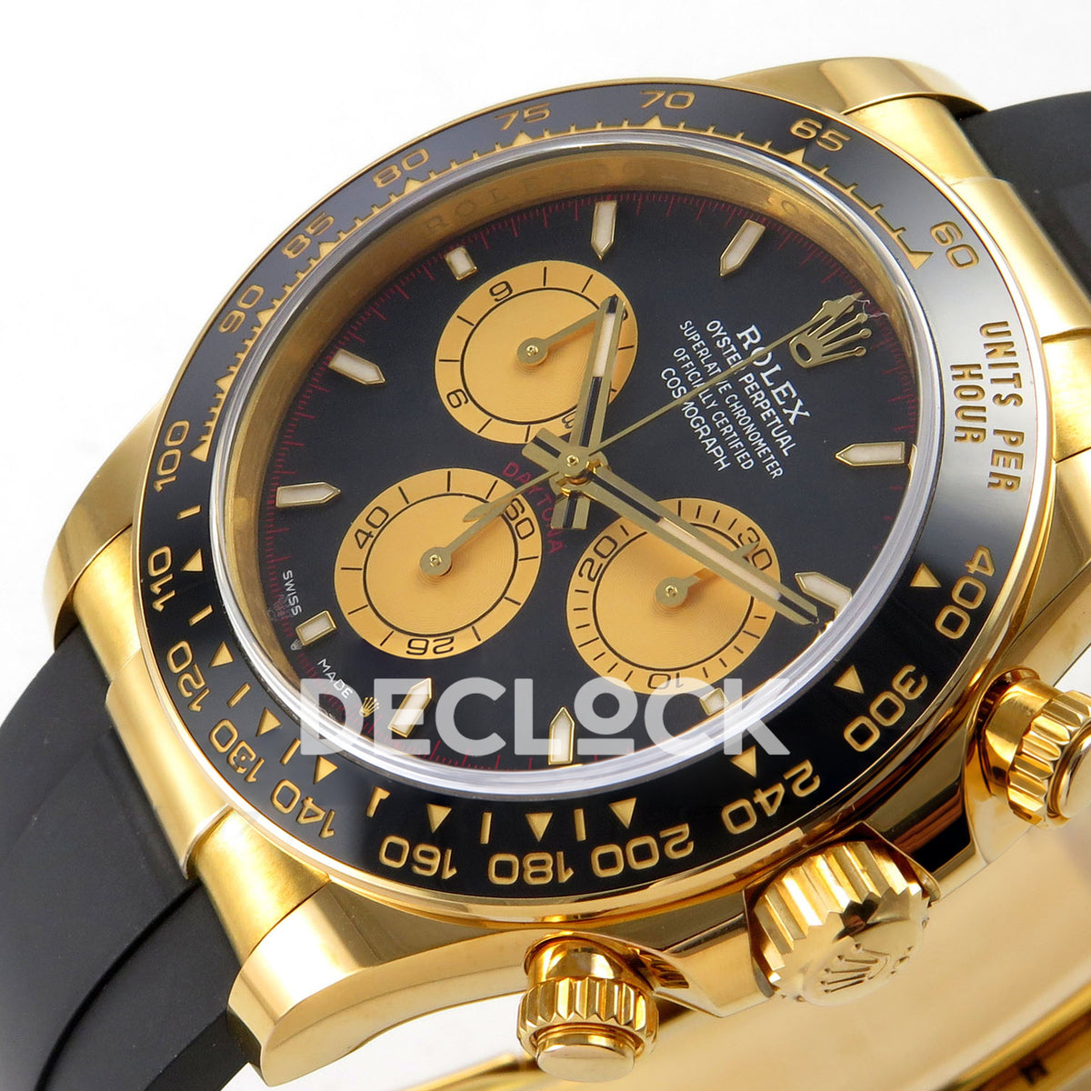 Rolex Daytona 126518 ERF replica - black and gold dial and ceramic tachymeter bezel detail