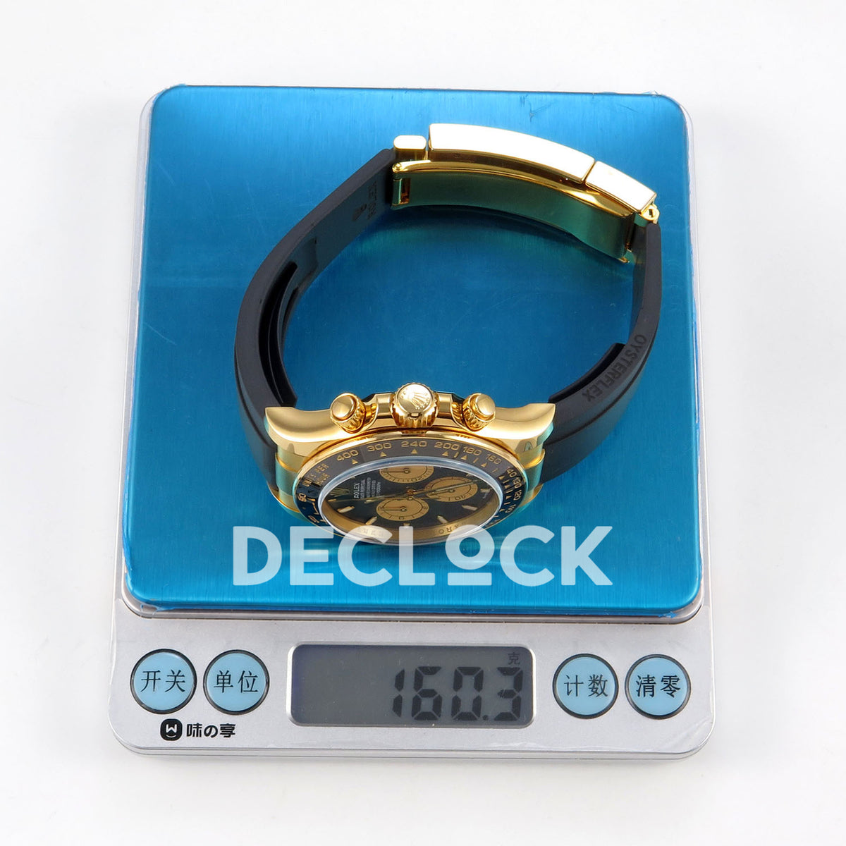 Rolex Daytona 126518 ERF replica - weight shown on a digital scale