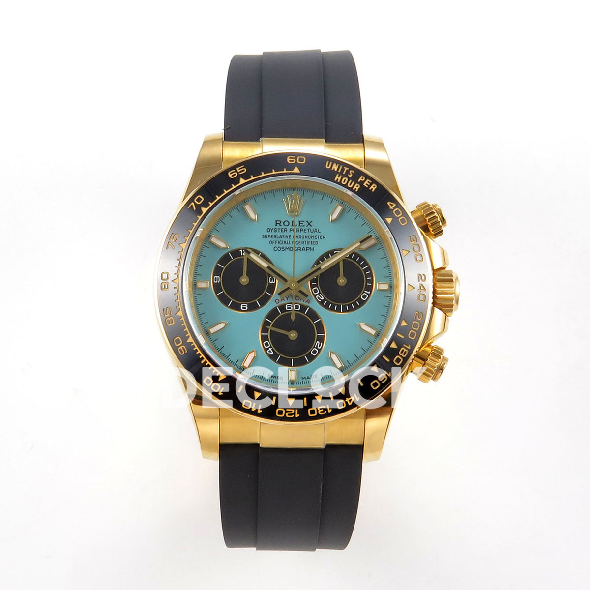 Rolex Daytona 126518 ERF replica - front view of turquoise dial and black Oysterflex-style strap