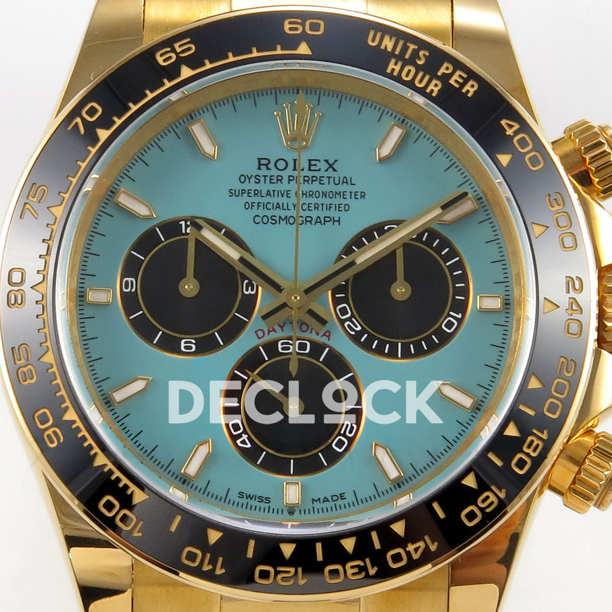 Rolex Daytona 126518 ERF replica - turquoise dial and black chronograph subdials close-up