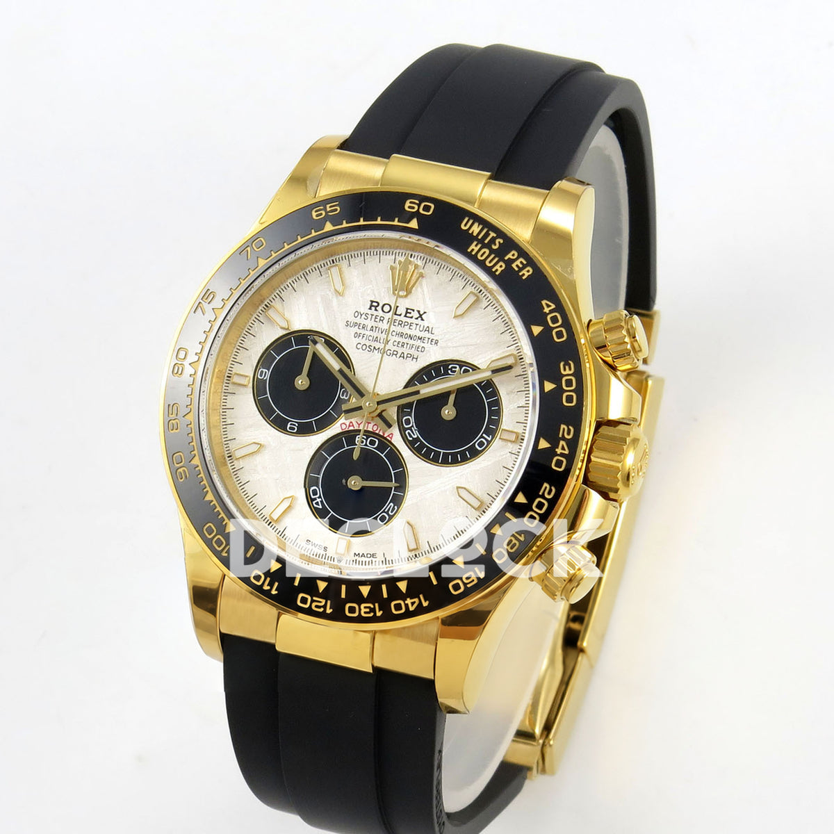Rolex Daytona 126518 Clean Plus replica - angled front view of yellow-gold-finish case and Oysterflex strap