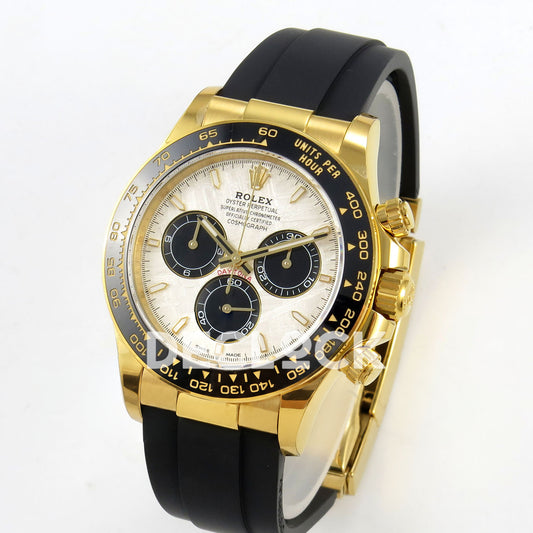 Rolex Daytona 126518 Clean Plus replica - angled front view of yellow-gold-finish case and Oysterflex strap