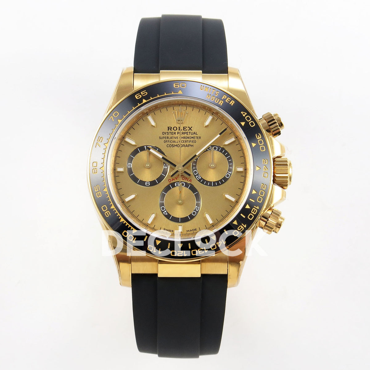 Rolex Daytona 126518 VSF replica - front view of gold dial, black-ringed gold-centred subdials and black Oysterflex-style strap