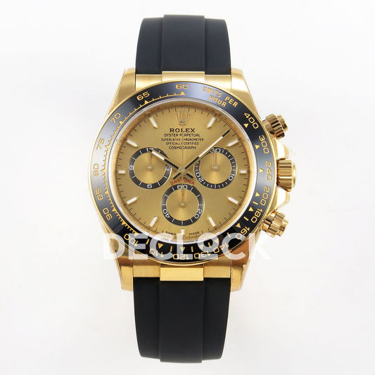 Rolex Daytona 126518 VSF replica - front view of gold dial, black-ringed gold-centred subdials and black Oysterflex-style strap