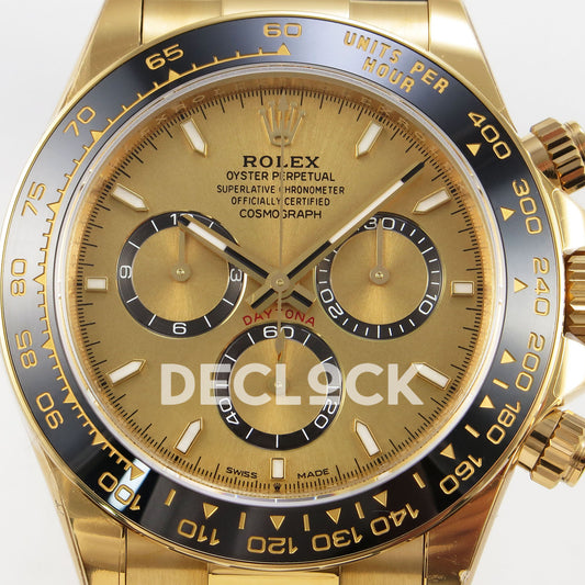 Rolex Daytona 126518 VSF replica - gold dial with black-ringed subdials and black ceramic tachymeter bezel close-up