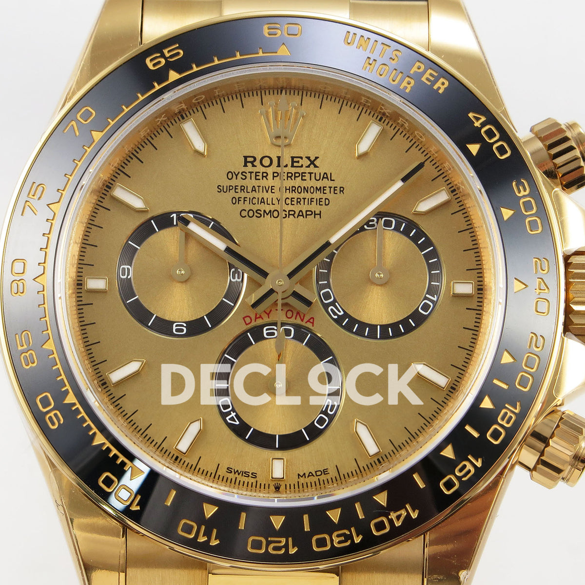 Rolex Daytona 126518 VSF replica - gold dial with black-ringed subdials and black ceramic tachymeter bezel close-up