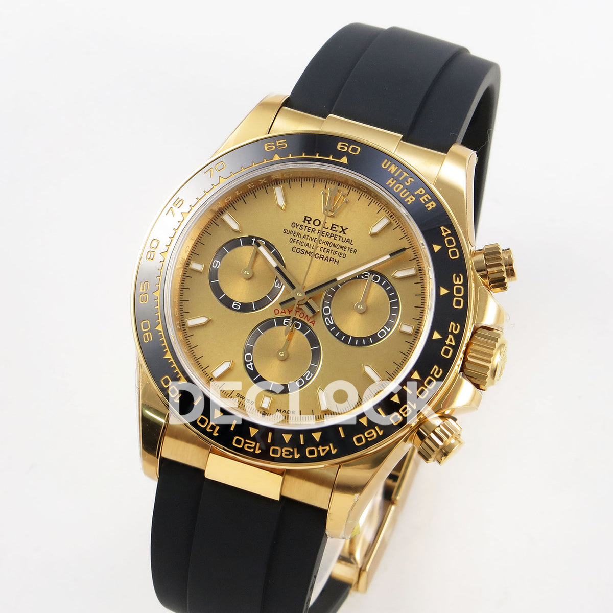 Rolex Daytona 126518 VSF replica - angled front view of yellow-gold-finish case and black rubber strap