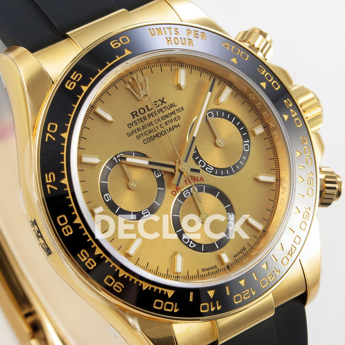 Rolex Daytona 126518 VSF replica - angled gold dial close-up and original factory case printing