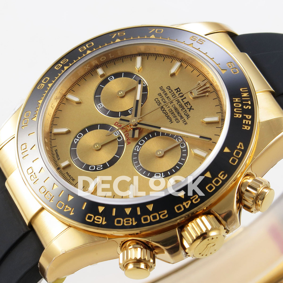 Rolex Daytona 126518 VSF replica - gold dial, luminous hour batons and black ceramic tachymeter bezel detail