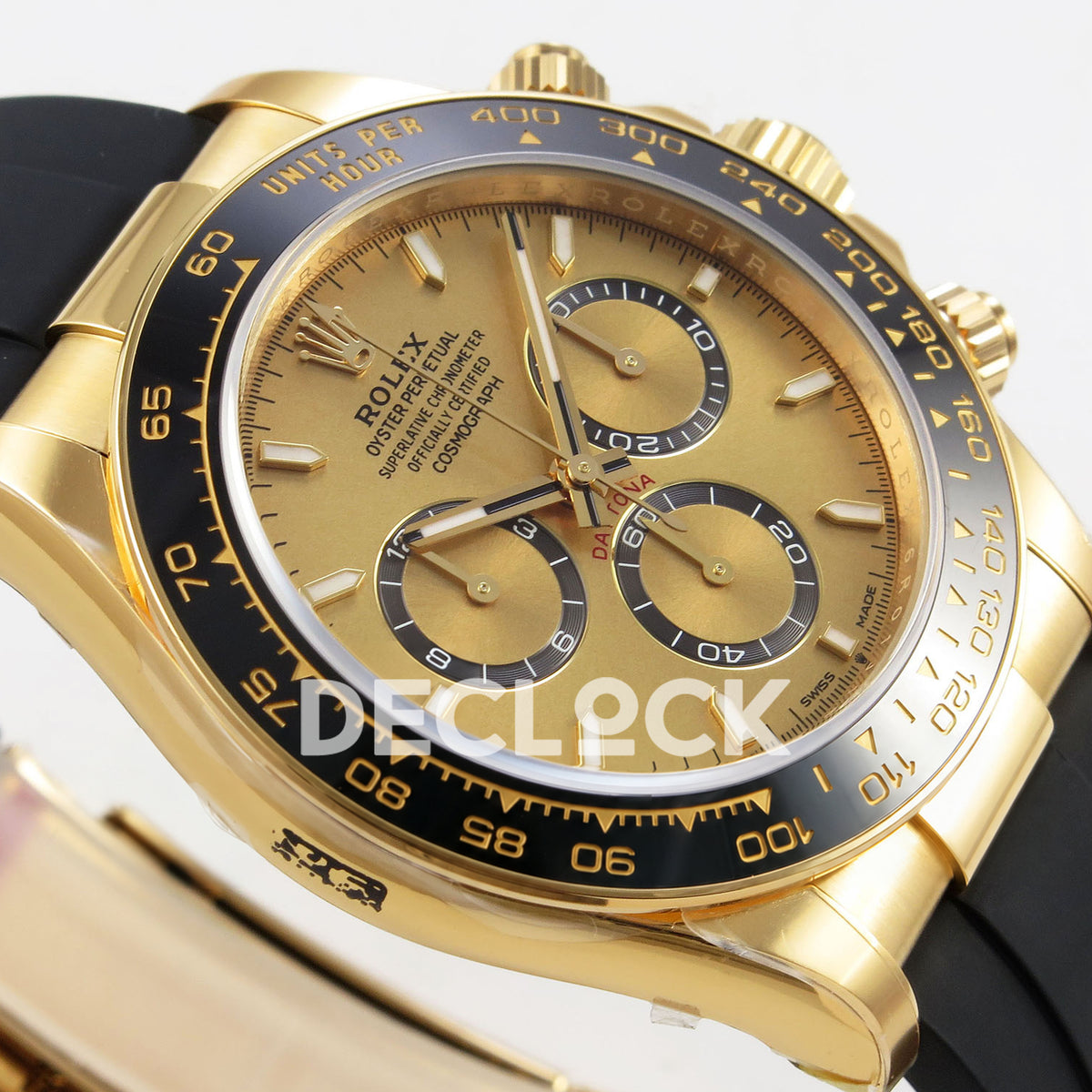 Rolex Daytona 126518 VSF replica - opposite angled dial view with original protective factory case printing