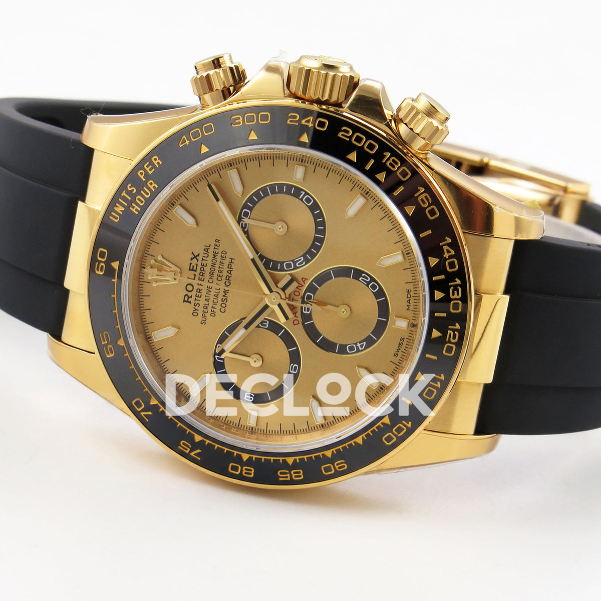 Rolex Daytona 126518 VSF replica - opposite horizontal front view of gold dial and black ceramic bezel