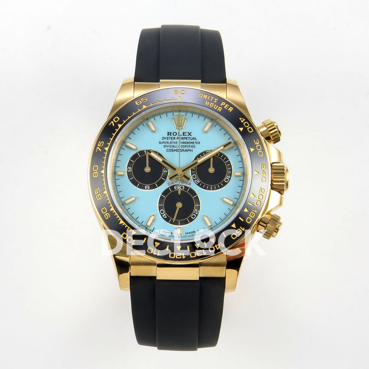 Rolex Daytona 126518 VSF V2 Tiffany Blue replica - front view of original Tiffany Blue dial, black chronograph counters, gold hands and black Oysterflex strap