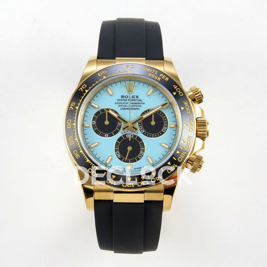 Rolex Daytona 126518 VSF V2 Tiffany Blue replica - front view of original Tiffany Blue dial, black chronograph counters, gold hands and black Oysterflex strap
