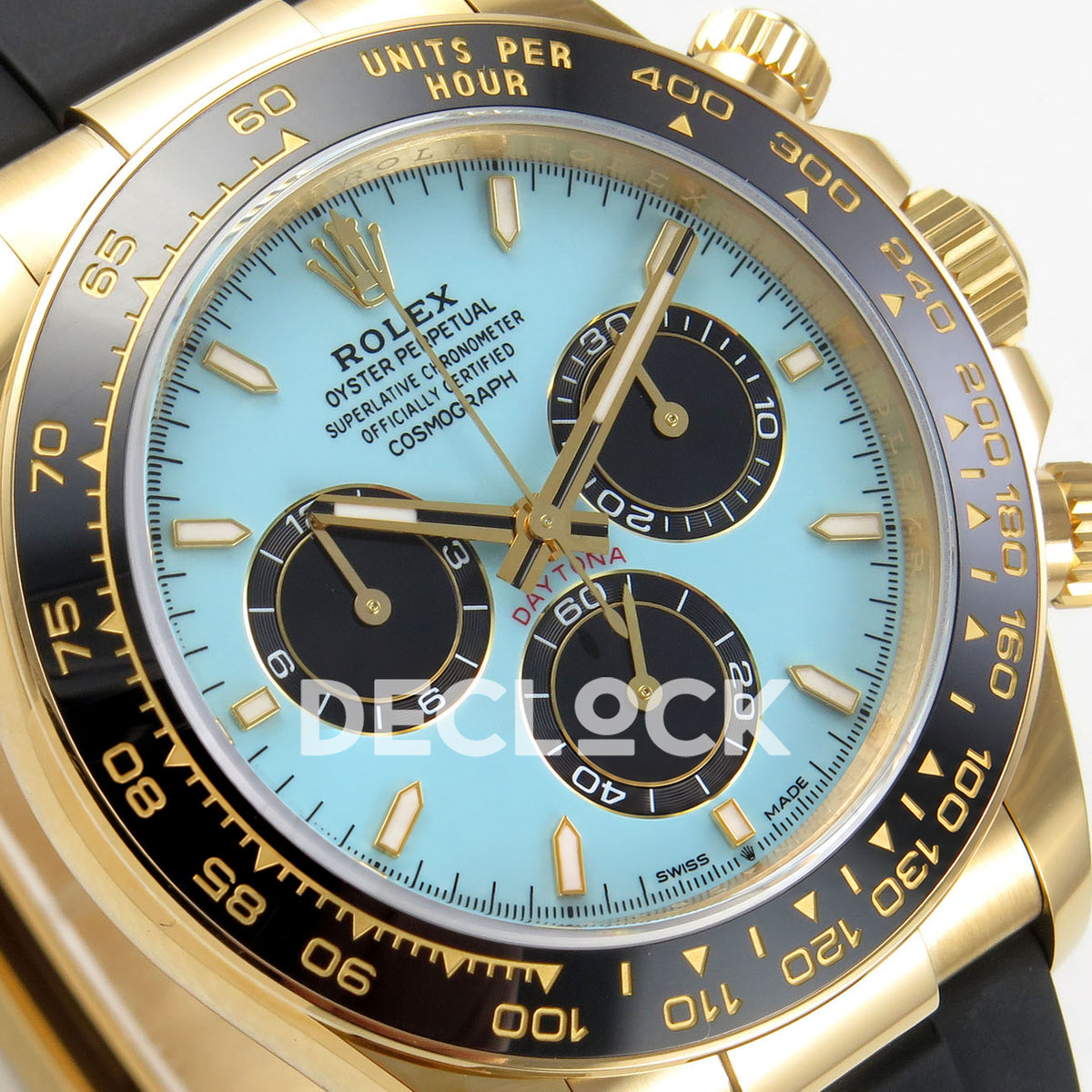 Rolex Daytona 126518 VSF V2 Tiffany Blue replica - angled dial view with original gold hands and black counter tracks