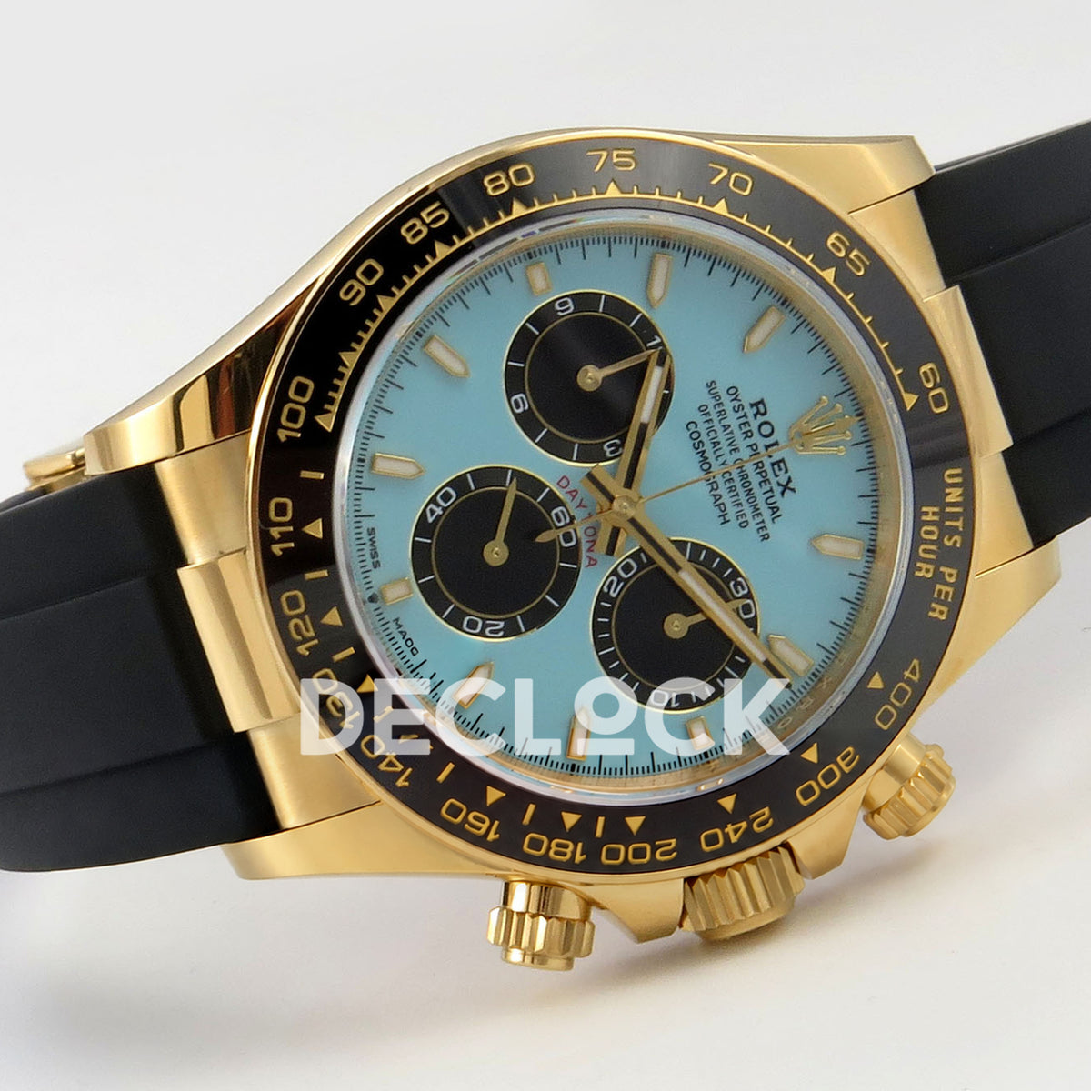 Rolex Daytona 126518 VSF V2 Tiffany Blue replica - horizontal front view of dial, yellow-gold case and Oysterflex strap